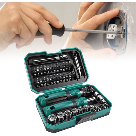 Ratsche- und Schraubendreher-Set, 10 Stecknüsse, 24 Bits, 2 Verlängerungen, Kardangelenk 1/4 Zoll, Werkzeugkoffer (1/5)