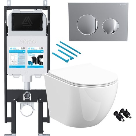 Gloss White Rimless D Shape Wall Hung Toilet with 1.14m Concealed Cistern Frame Set - Chrome Plate (1/4)