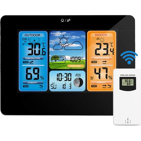 Stations météorologiques sans fil intérieure extérieure avec alerte et température / humidité / barométrique / prévision / phase de la lune / réveil, station météorologique numérique LCD avec