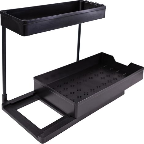 Rangement sous Evier 2 Niveaux, Coulissant Organiseur sous Évier Etagere Tiroir avec 4 Patères, Étagère sous Évier pour Cuisine Salle de Bain, Noir (1/5)