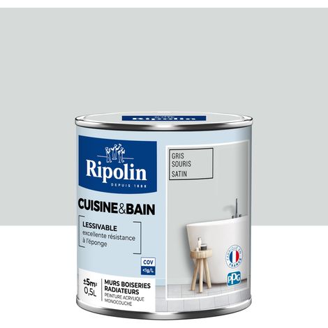 Peinture Murale spéciale Cuisine et Bain - Satin - 0,5L - Gris Souris - Ripolin (1/5)