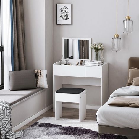 Coiffeuse avec Tabouret Miroir Couvercle Rabattable Table pour Maquillage 3 Boîtes et 1 tiroir Blanc (1/5)