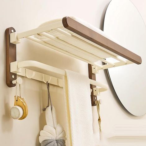 Porte-Serviettes Mural Rabattable (60 cm) - Étagère de Salle de Bain 3 Niveaux avec 7 Crochets - Design Noyer et Aluminium Antirouille - Fixation Sans Perçage ou à Vis (1/4)