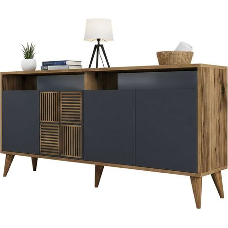 Dmora - Credenza Garigliano, Buffet da soggiorno, Madia da salotto, Dispensa da cucina, 160x35h79 cm, Noce e Antracite