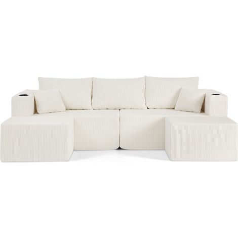 CHICFURN Sofá esquinero modular 3 plazas en terciopelo acanalado beige, con otomanas móviles, portavasos, bolsillos laterales y cojines, para salón (1/5)