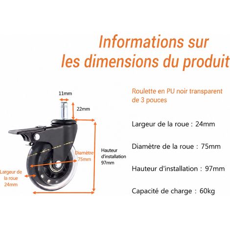 Roulette pivotante à tige 3 pouces (75 mm) avec frein en polyuréthane PU noir 60 kg 3 noir 60kg 75mm 251 g – Livraison gratuite
