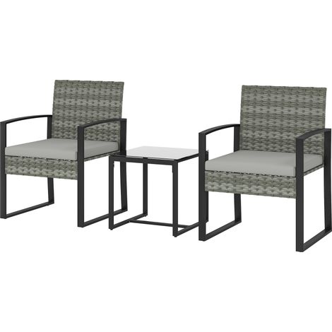 Ensemble bistro rotin 3 pièces 2 chaises table basse coussins amovibles gris clair