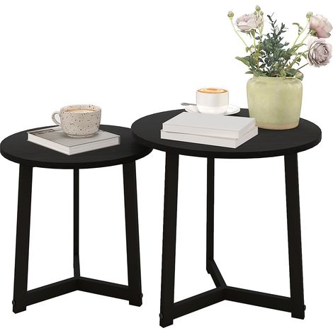 2er-Set Couchtisch, Runder Beistelltisch, Kaffeetisch mit Stahlgestell, Sofatisch im modern Design, für Wohnzimmer, bis 35 kg Belastbar, Schwarz