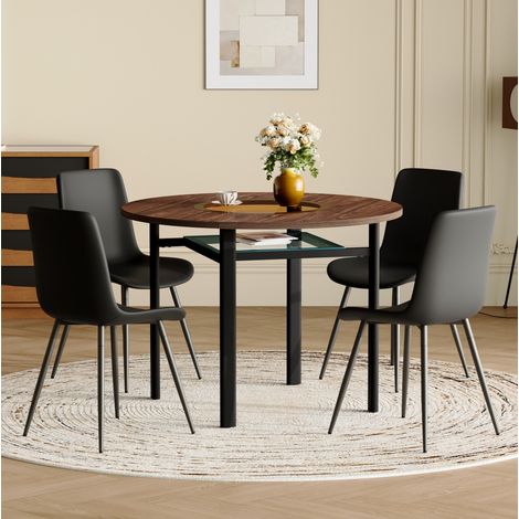 Ensemble table et chaises ronde 100 cm, 4 chaises PU noir, finition bois HAVRYA (1/5)