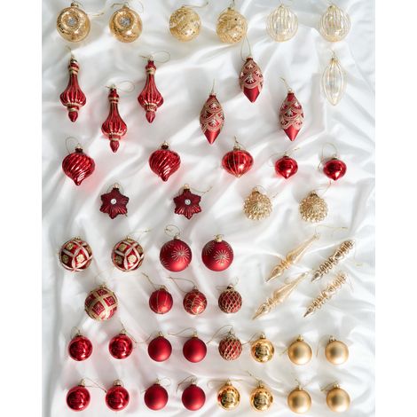 Conjunto de 50 bolas de Navidad decorativas de vidrio para colgar en el árbol de Navidad estilo glam tradicional rojo/dorado Sparkle