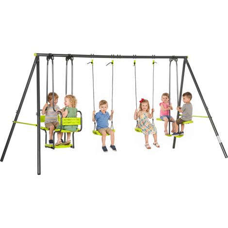 Balançoire 4 agrès portique avec balançoire - dim. 3,55L x 1,84l x 1,86H m métal époxy anticorrosion PE Gris (1/5)