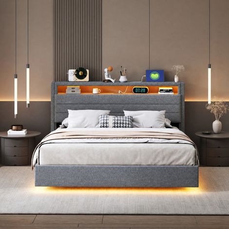 Letto contenitore 140x200 cm con USB, LED e testiera sollevabile, grigio HAVRYA (1/5)