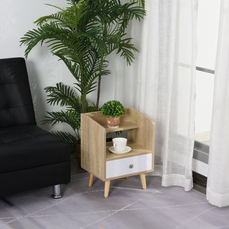 Table de chevet avec tiroir et étagère - table basse en bois peu de place - placard bas pour chambre - blanche