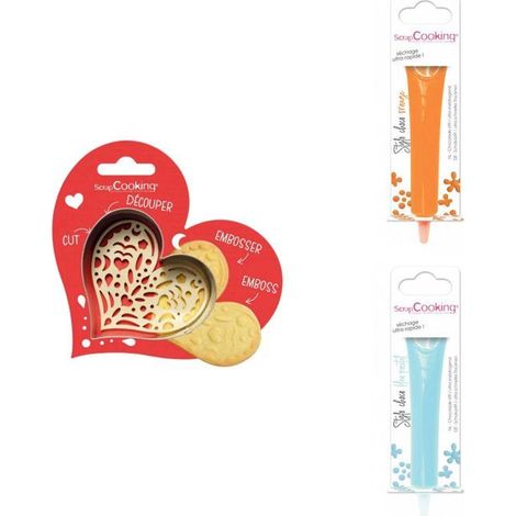 Kit pour biscuit en relief Coeur + 2 Stylos au chocolat orange et bleu pastel (1/3)