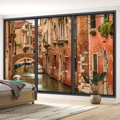Papier peint panoramique Trompe l'oeil baie vitrée - Venise - 130 cm x 78 cm (1/5)