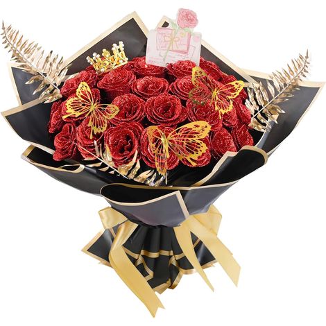 24 Pièce Bouquet de Fleurs Artificielles Scintillantes Rouge Roses Artificielles Faux Bouquet Fausse Longue Tiges Fausse Bouquet de Fleur DIY Fleurs Artificielles Deco pour Mariée,Table,Fête (1/5)
