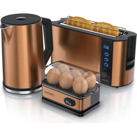 Arendo 3-teiliges Frühstücks-Set, 2-Scheiben Langschlitz Toaster, 6er Eierkocher, Wasserkocher 1,5 Liter, Kupfer (1/5)