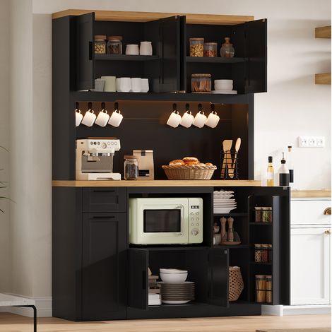 MODFU – Buffet cuisine 120x40x182 cm MDF – LED RGB, prises USB et plan de travail – Tiroirs, étagères réglables et charge 60 kg – Cuisine – Noir/naturel (1/5)