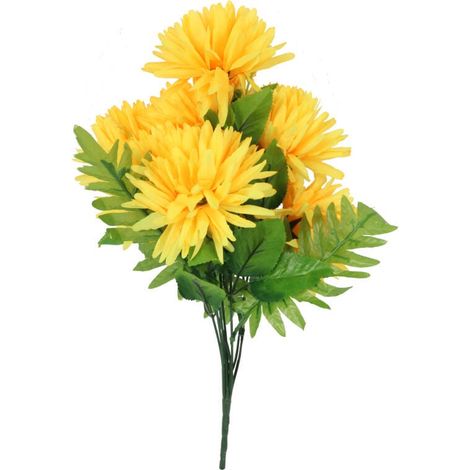 Bouquet artificiel de chrysanthèmes jaunes avec feuilles de fougère - Décoration pour la Toussaint, Hauteur 56 cm (1/2)