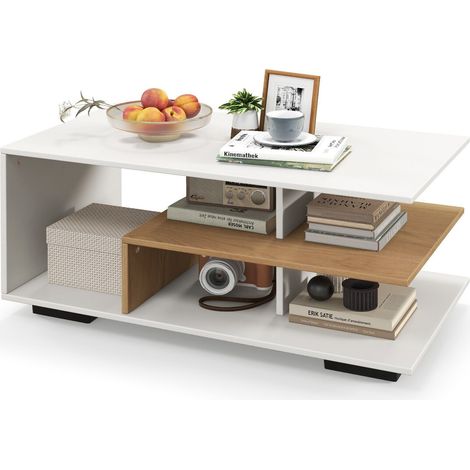 Versatile 3-Tier L-shaped Coffee Table Wooden Center Table with Open Storage (1/5)