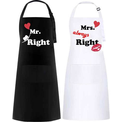 2 Pièces Mr. & Mrs. Tablier, Tablier de Cuisine Etanche, Reglable Tablier avec 2 Poche, Couple Tablier Cadeau pour Anniversaire Mariage, Saint Valentin, Fête des Pères, Fête des Mères (Noir & Blanc) (1/5)