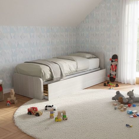 Letto singolo con letto estraibile, trasformabile in matrimoniale. Testate personalizzabili, reti in acciaio e doghe in faggio - Rovere rock