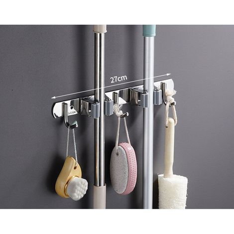 Wall-mounted broom holder, metal support for broom and mop (2 clips and 3 hooks). (1/5)