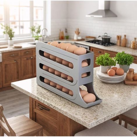 Distributeur d'œufs pour réfrigérateur - Boîte de rangement à quatre niveaux - Roulement automatique - Grande capacité - Côté gain de place - Gris (1/4)