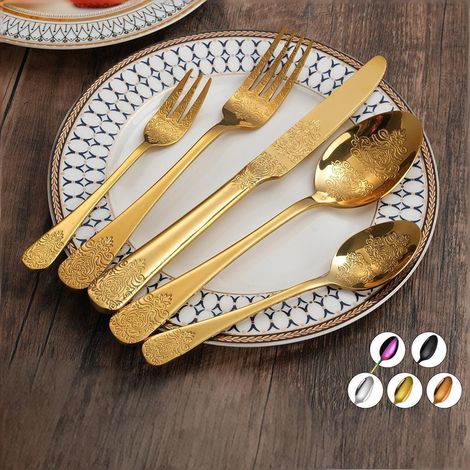 Lot de 5 Couverts de Table en Acier Inoxydable – Double Extrémité avec Motif Ornemental, Ensemble de Couverts pour Steak et Dessert, Idée Cadeau, Doré (1/4)