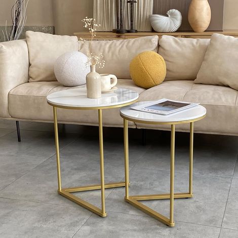 Tavolino da caffe Tavolino da salotto in Marmo Rotondo Set di 2 Tavolino Sovrapponibili tavolino da divano soggiorno - oro bianco (1/5)