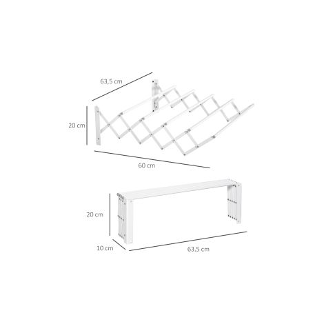 Séchoir mural 57,5cm, étendoir à linge gain de place pour intérieur et extérieur, métal blanc, 63,5 x 60 x 20 cm (1/5)