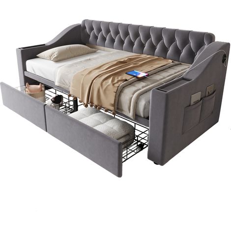 CHICFURN Canapé-lit 90 x 190 cm en velours gris foncé avec tiroirs, rangements intégrés, ports USB et structure métal, idéal pour chambre et gain de place (1/5)