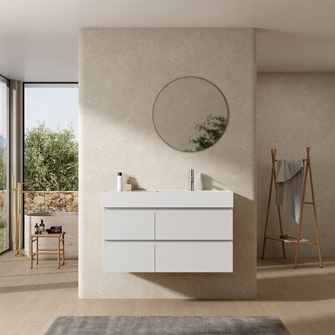 Mobile bagno sospeso 100 cm Bianco Lavabo a Destra in Resina Specchio Tondo - Fiji Wood (1/4)