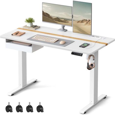 Bureau assis-debout réglable en hauteur 60 x 120 cm fonction mémoire ergonomique style rustique en aggloméré blanc (1/2)