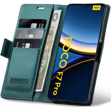 Funda para Xiaomi Poco F7 Pro, tipo cartera con tapa abatible color lichi brillante, verde. (1/5)