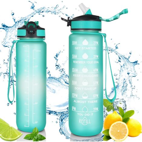 Sport-Trinkflasche, 1 Liter, auslaufsicher, mit motivierender Zeitanzeige, BPA-frei, wiederverwendbar, inklusive Reinigungsbürste, für Camping, Reisen, Fitnessstudio und Radfahren (1/5)