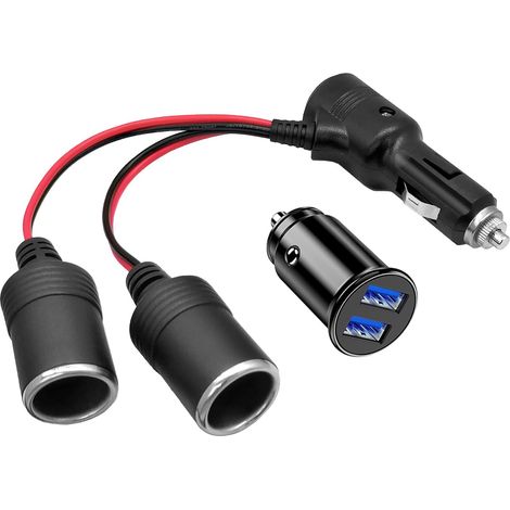 1 à 2 Allume-Cigare Câble D'extension Prise Allume Cigare Socket Mâle vers Femelle Adaptateur Splitter avec LED Interrupteur Fusible 15A,12V/24V Mini Chargeur de Voiture USB Double