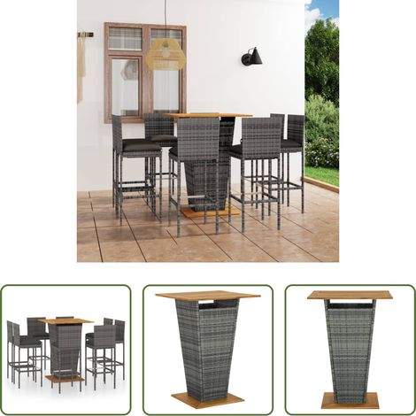 Table de comptoir - Ensemble de bar de jardin 9 pcs et coussins Résine tressée Gris (1/5)