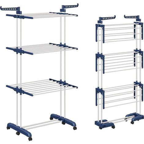Étendoir à Linge Tour Pliable avec 6 Ailes Pliables sur 3 Niveaux, Longueur 66-130 cm, Pieds pliants pour économiser de l'espace à l'intérieur et à l'extérieur de la Maison (Bleu et Blanc) (1/5)