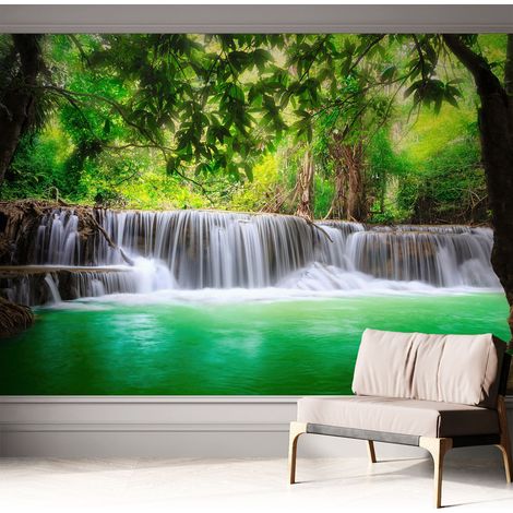Papier peint adhésif autocollant pour salon chambre à coucher tendance et originale Cascade forestière 312x219 cm (1/5)