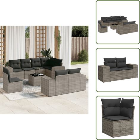 9-tlg. Garten-Sofagarnitur mit Kissen Grau Poly Rattan - Gartenmöbel Set - PE-Rattan Möbel - Outdoor Lounge - Esstisch - Sofasatz (1/5)