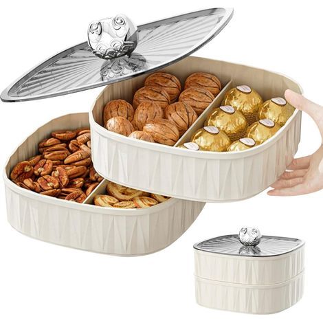 Vorratsdose, Snackbox mit Deckel, Serviertablett mit Deckel und Fächern, Snackteller mit 4 Fächern, Snackschale für Nüsse, Süßigkeiten und Gewürze