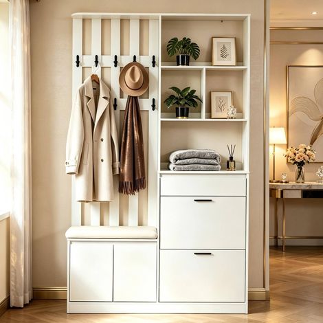 Flurgarderobe 120x30x200cm aus MDF, multifunktional Garderobenschrank mit gepolsterter Sitzbank, 2 Schuhklappen, 1 Schublade, 2 Türen & 10 Kleiderhaken, bis 30 kg belastbar für Eingangsbereich,Weiß (1/5)