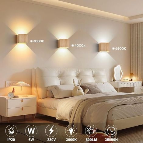 Applique murale LED dimmable 6W en bois – 3 températures de couleur 3000K/4000K/6000K – Éclairage rétro pour chambre et couloir