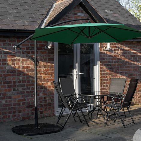 Outdoor 4 Person Round Glass Top Garden Dining Table Chairs With Green Banana Parasol and Base Set (1/5)