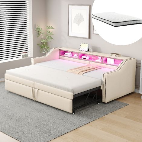 Ausziehbares Schlafsofa mit 2 Matratzen und Lattenrost, Polsterbett 90x200 auf 180x200 cm erweiterbar, mit LED, USB und Stauraum, Beige (1/5)