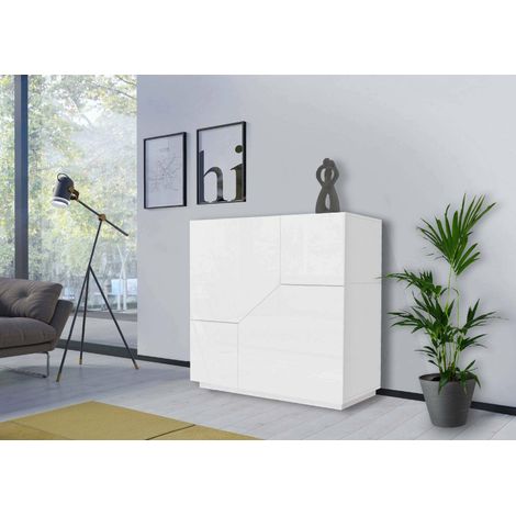 Dmora Aparador moderno con 2 puertas geométricas, Made in Italy, Aparador de cocina, Buffet de diseño de salón, Cm 79x43h 86, Blanco brillante, con embalaje reforzado (1/5)