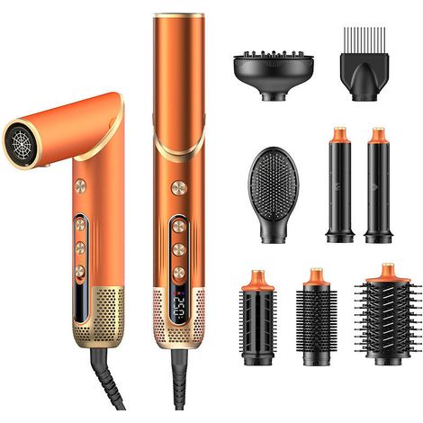 Peigne séchoir multifonction 8 en 1, orange, conforme à la norme européenne 220V, avec fer à friser automatique et têtes (1/5)
