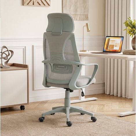Silla de oficina ergonómica regulable en altura con reposacabezas, soporte lumbar y función basculante, tapizado gris (1/5)