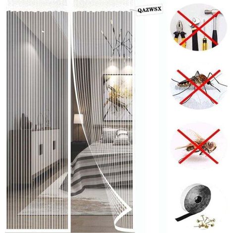 Moustiquaire magnétique robuste pour porte d'entrée, fermeture magnétique, maille épaisse et résistante aux déchirures, protège des insectes, blanche - Dimensions du rideau : 120 x 220 cm (1/4)